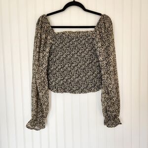 JAPNA Black Cream Ditzy Floral Print Smocked Puff Sleeve Blouse Top Large